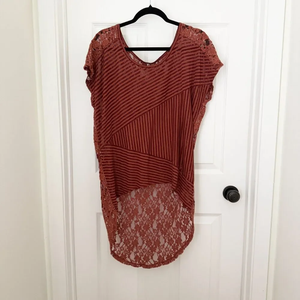 Free People Daydream Hi Low Lace Stripe Round Neck Tunic Burnt Orange Small